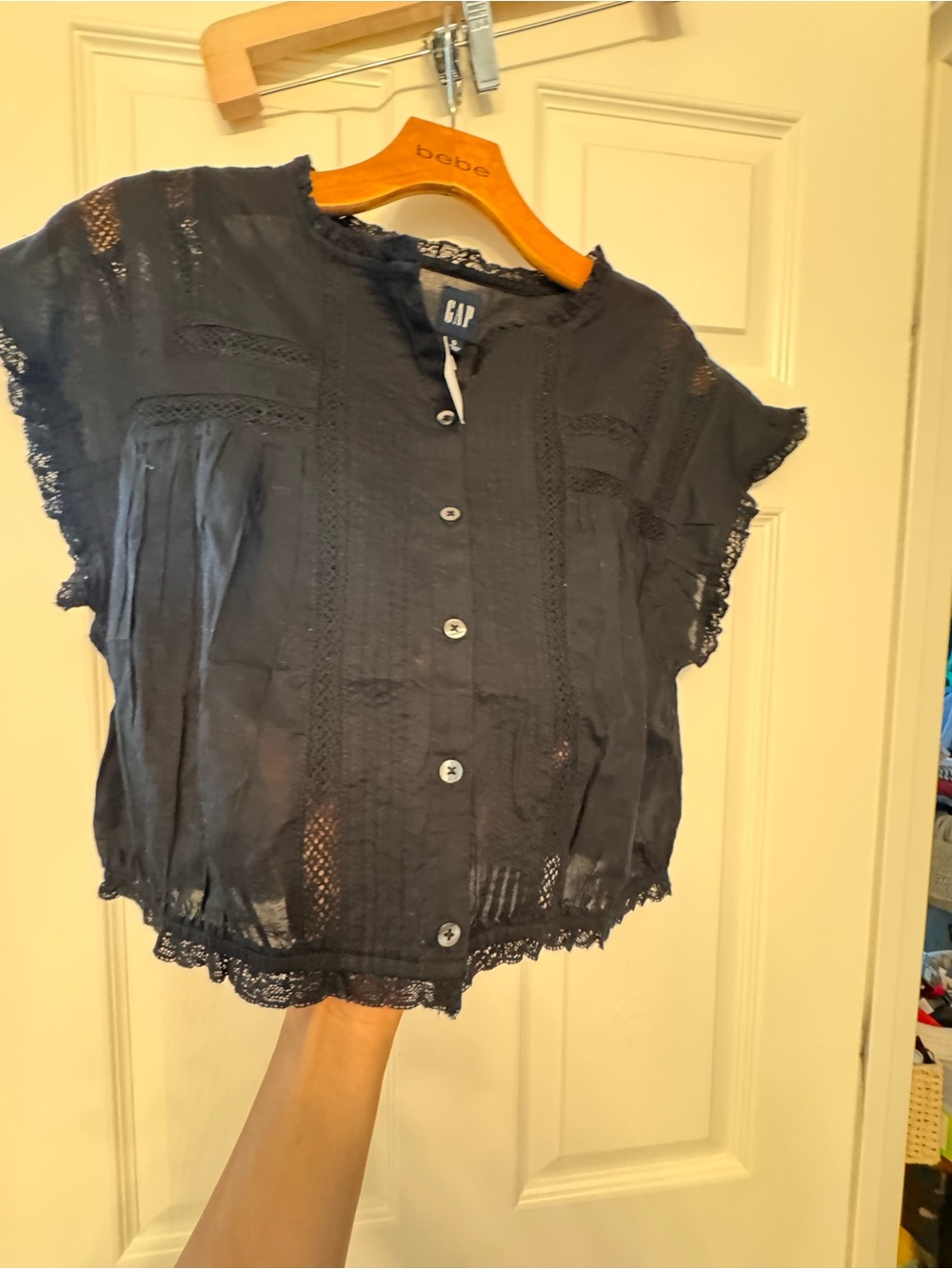 New- GAP ruffle Black Lace-Trim Button Front Blouse - Picture 6 of 7